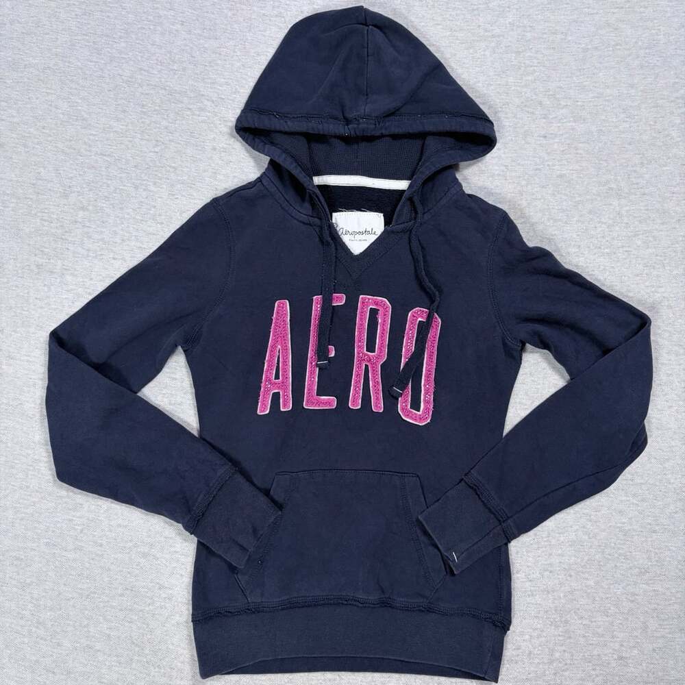 Aeropostale Eighty-Seven Pullover Hoodie Size S Navy Blue Rhinestone Aero